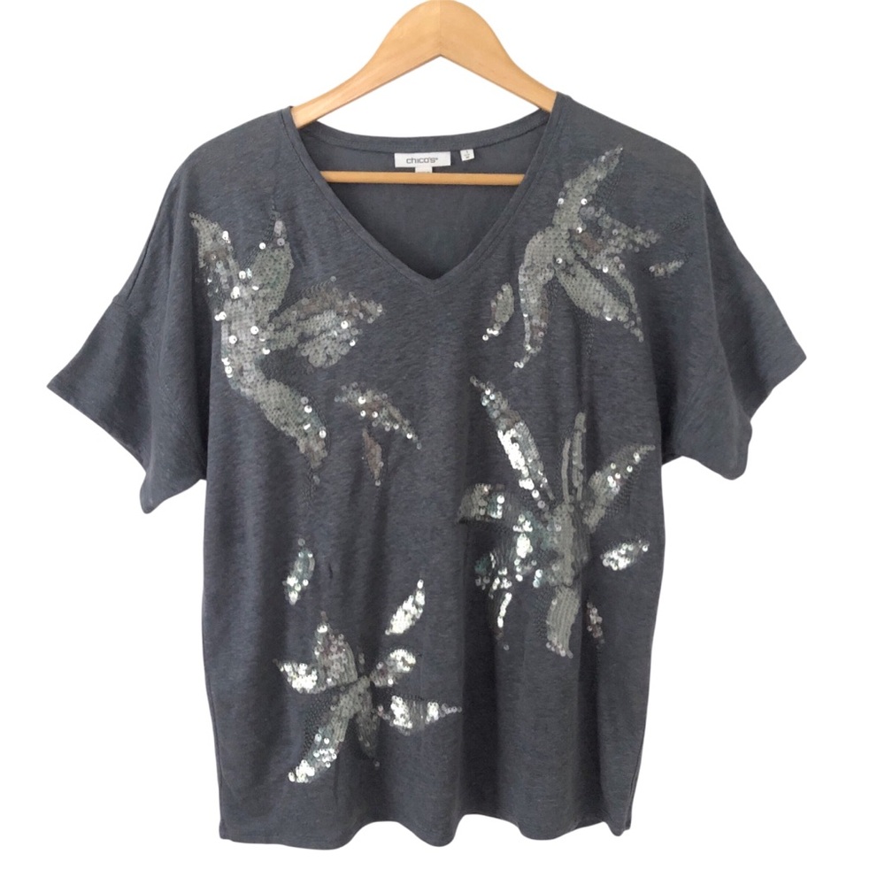 Chico’s Womens Lightweight 100% Linen Slate Gray Blue Top Sequins Sz 1 (M)